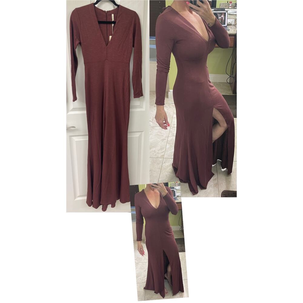 Lanston XS Maxi NWT front slit long sleeve $178 retail V-neck dark wine burgundy - Picture 6 of 6